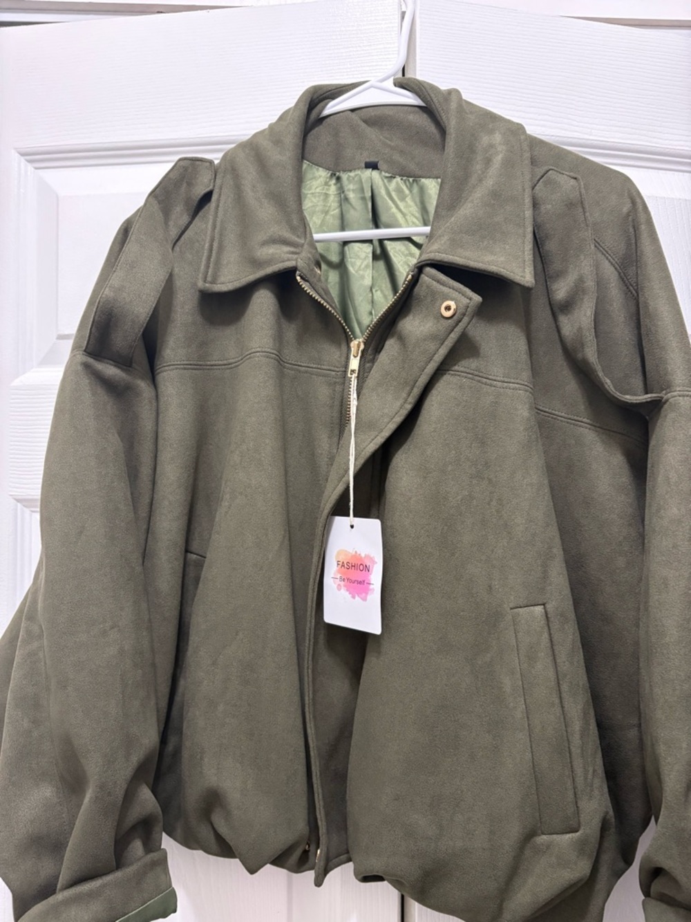 Olive Green Suede Bomber Jacket